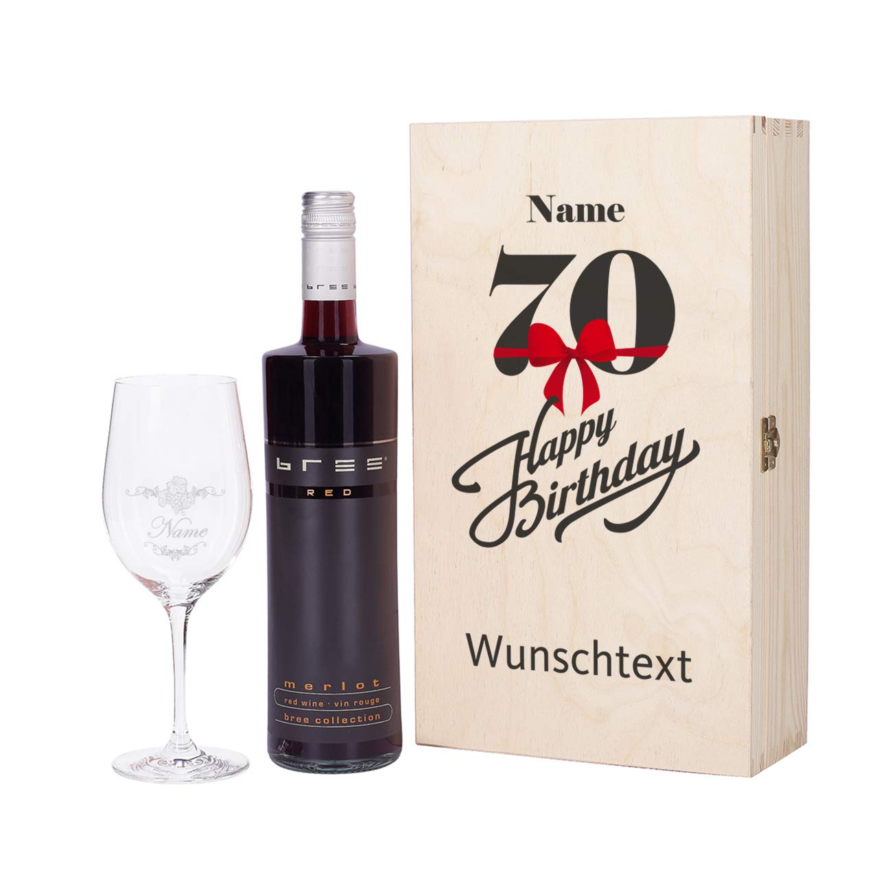 Herz & Heim® Bree Wein Geschenkkiste zum 70. Geburtstag mit graviertem Weinglas und Bree Wein zur Auswahl in Rot