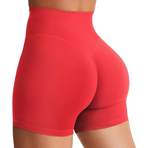 YEOREO Women's Biker Shorts 4.5" Workout Gym Shorts Craze High Waist Tummy Control Hidden Scrunch Running Yoga Shorts - Red - Small