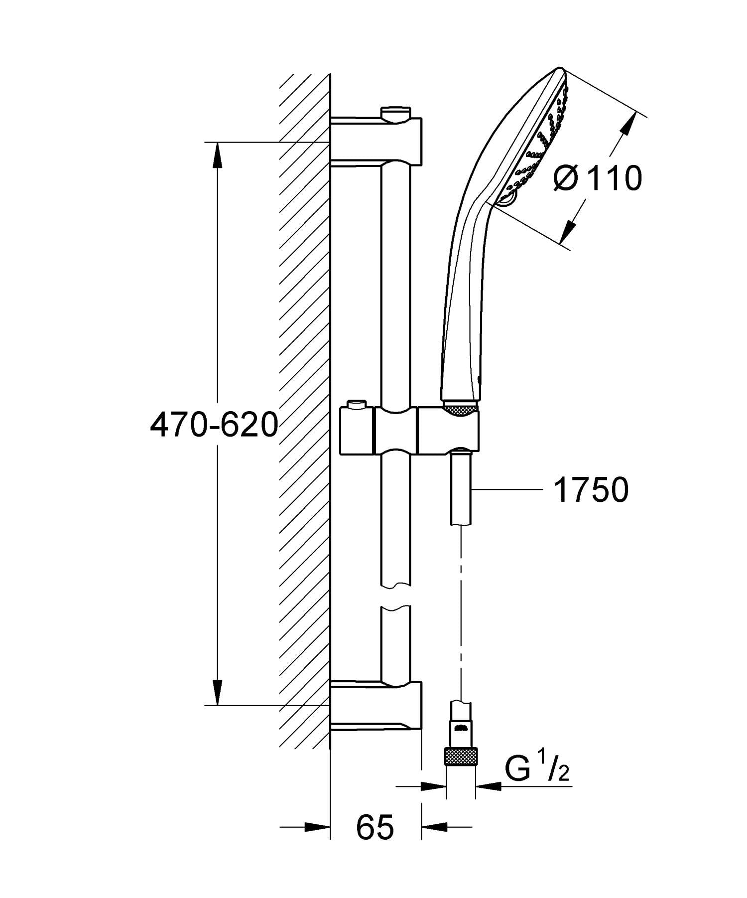 GROHE Vitalio Joy 110- Conjunto de ducha (teleducha 11 cm con 3 chorros, barra ducha 62 cm, soportes de pared metal, flexo 1,75 m, menor consumo agua, instalación QuickGlue), cromo, 27333000