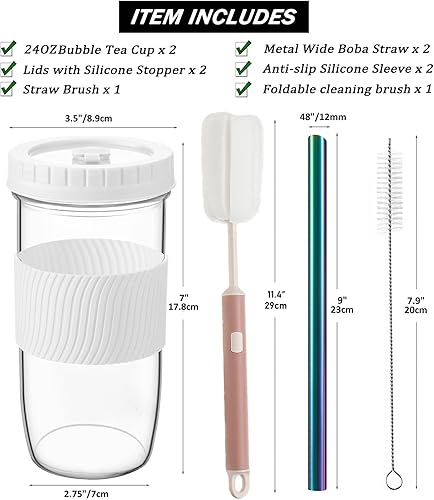 Miniatura 2 de Paquete de 2 tazas reutilizables Boba, taza de batido de boca ancha de 24 onzas, tarro de vidrio con tapas y pajillas, tazas de té burbujasBoba,