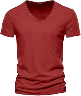 Generic Slim Fit Shirts for Men Cotton V Neck Short Sleeve Casual Basic Tee