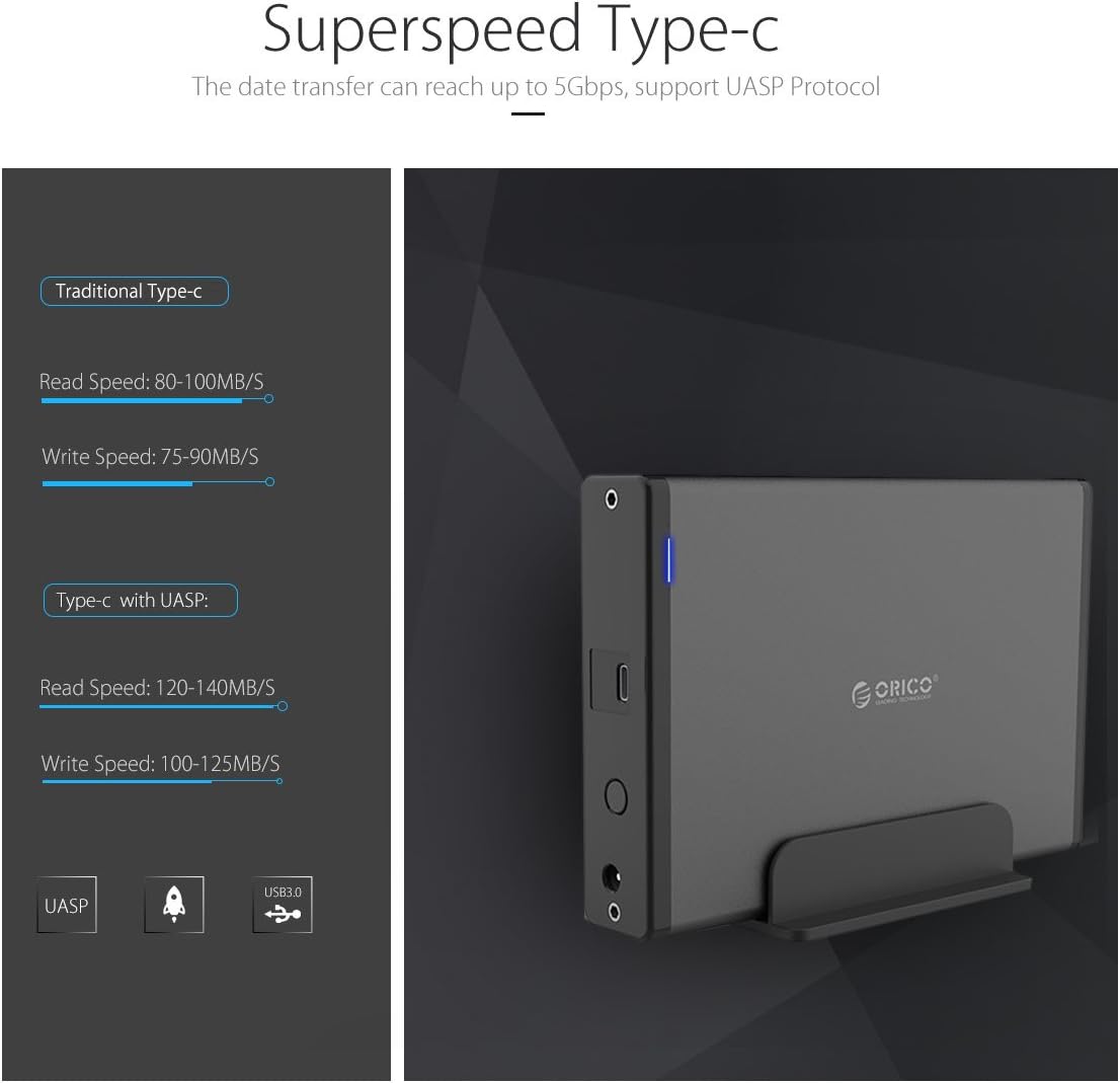 Diagram comparing traditional Type-C speeds with Type-C with UASP, showing faster read and write speeds with UASP.