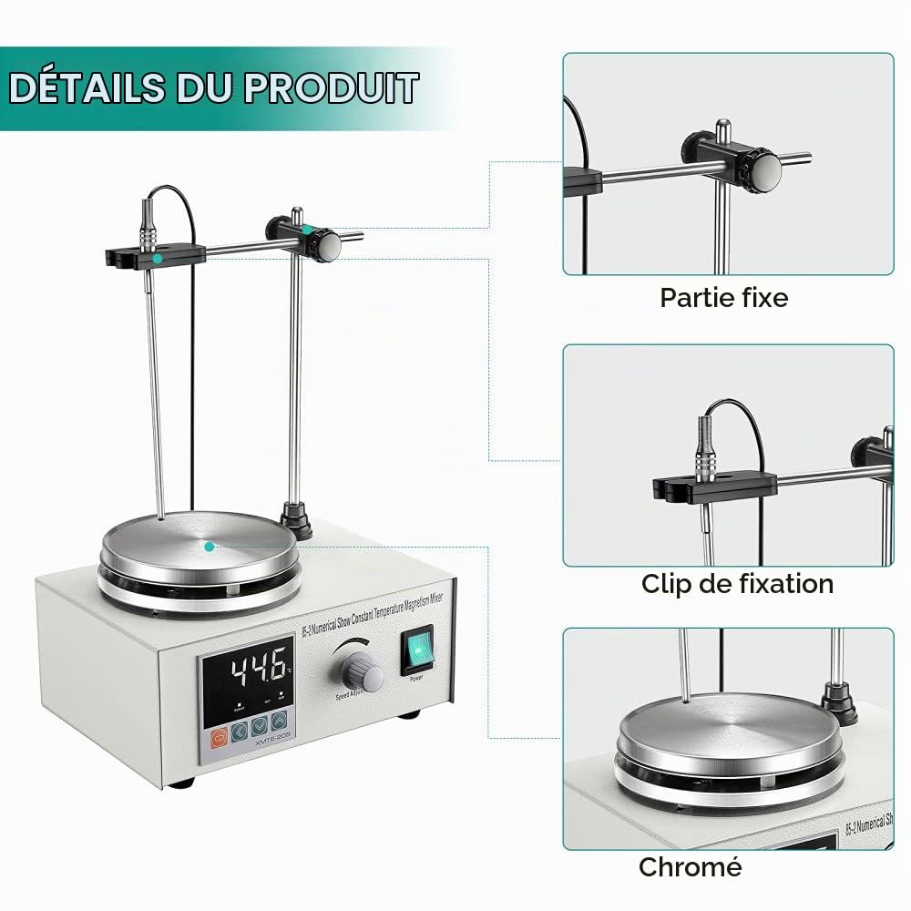 Agitateur magnétique 200W 1000ML avec Affichage numérique de la température et réglage de la Vitesse Mélangeur magnétique avec Plaque chauffante et Barre d'agitation magnétique