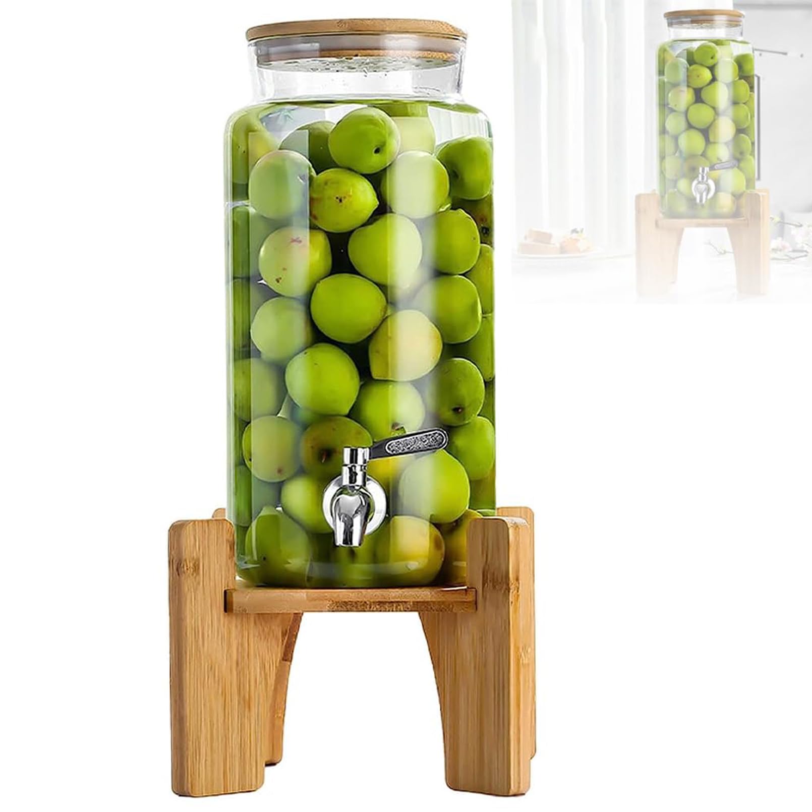 ASerZenith Glass Water Dispenser With Stand Lid, 2 3 4L Drink Dispenser Water Bottle Time Record Beverage Dispenser Large Capacity Lemonade Beer Jars For Office Camping Juice Drinks Container(4L)