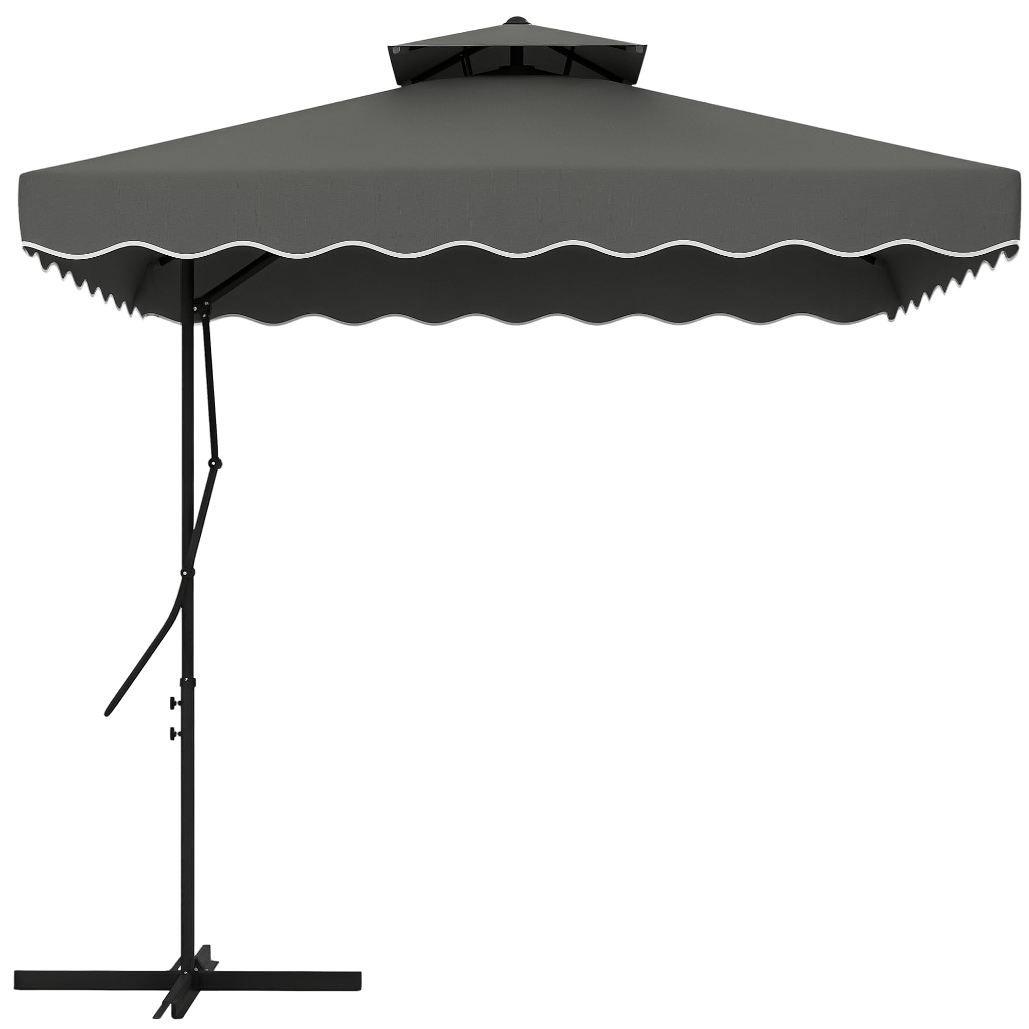 Outsunny Sombrilla Terraza Exterior de 2,5 m Sombrilla Voladiza con Manivela Techo Doble con Borde Ondulado y Base Cruzada Parasol de Jardín para Exterior Patio Terraza Gris Oscuro