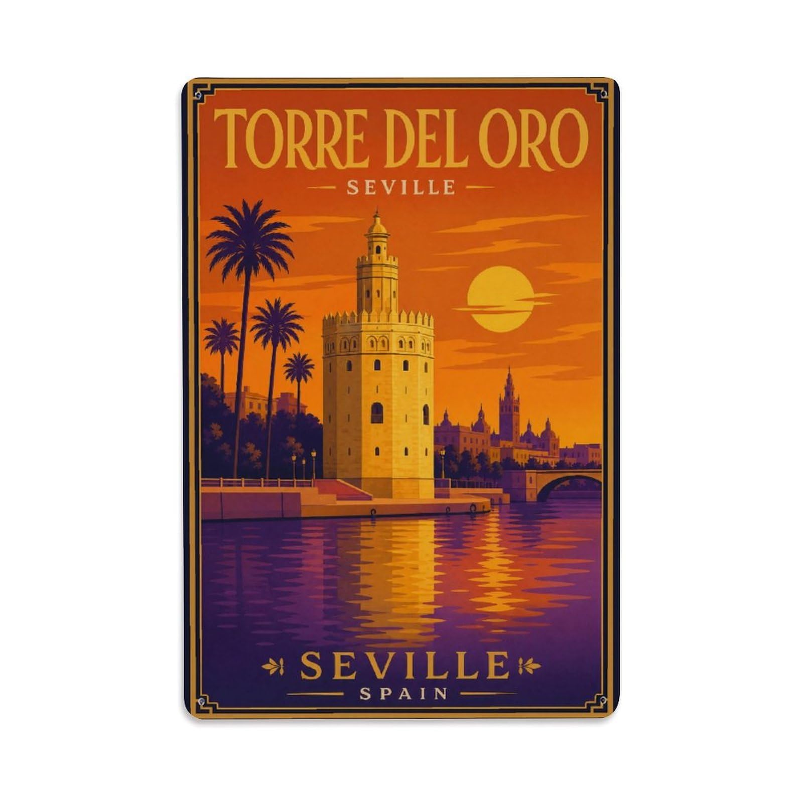 Yrnq 08X12inch Vintage Style Vintage Torre Oro Sunset Golden Reflections River Spain Metal Tin Sign