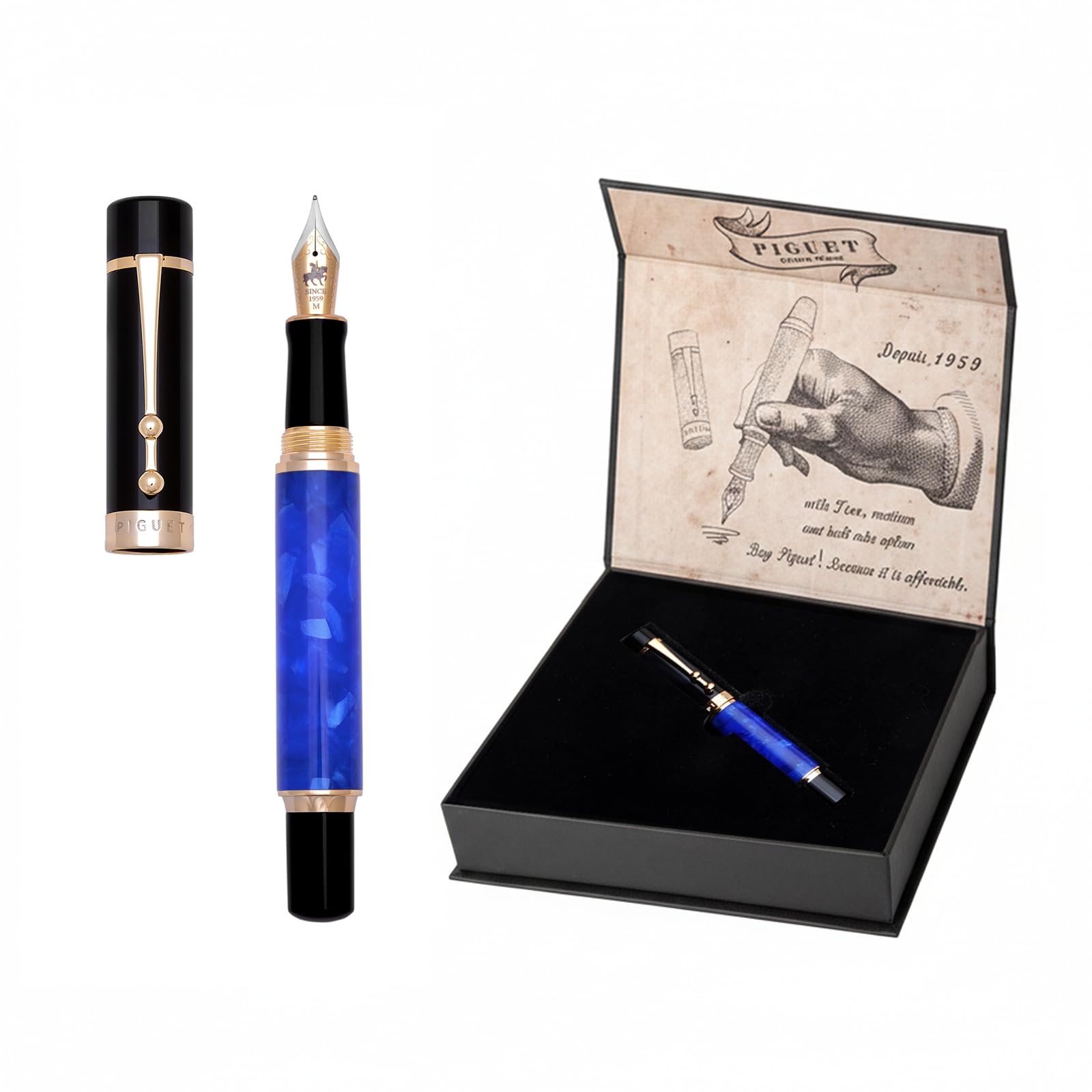 Piguet Genève – Stylo plume de luxe et ergonomiques – Série Taurus – Plume M allemande, finitions dorées – Dans un coffret cadeau avec recharge universelle et convertisseur (Stylo Plume, Océan Bleu)
