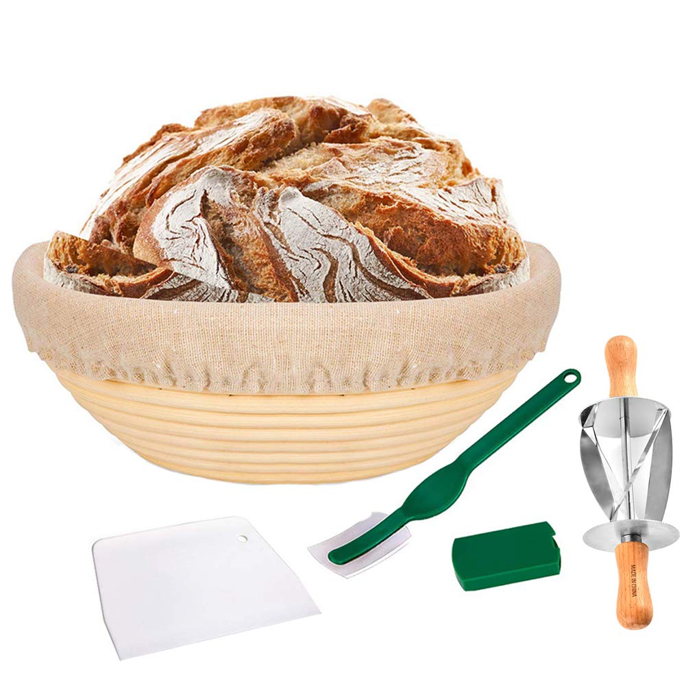 Cesta de prueba de masa fermentada redonda de 25cm en rota natural con cuchillo