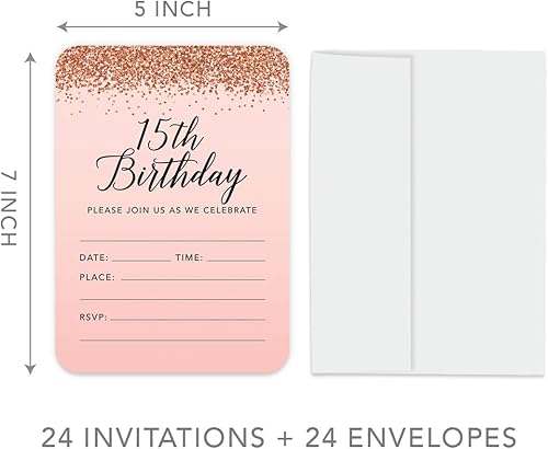 Miniatura 6 de Andaz Press Colección elegante para fiestas con purpurina rosa y oro rosa, invitaciones de 5 x 7 pulgadas con sobres, quinceañera de membrillo Mis