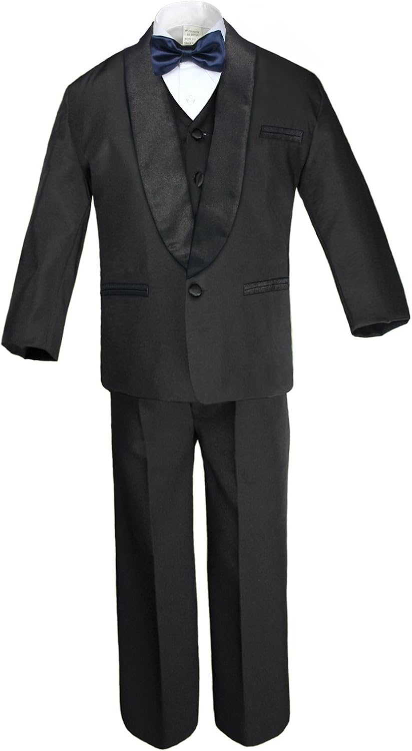 6pc Boys Formal Satin Shawl Lapel Suit Tuxedo Navy Blue Bow Tie Baby Teen