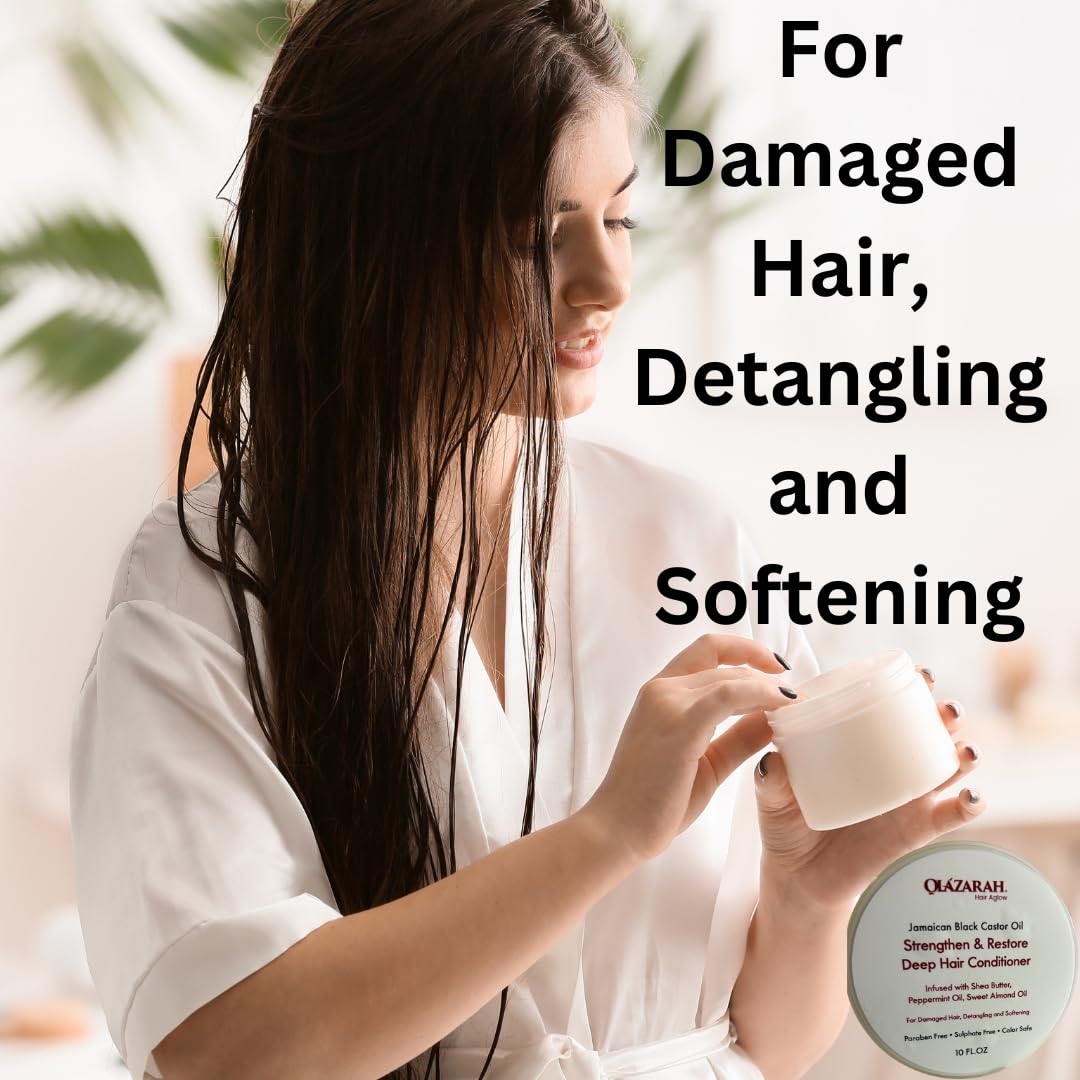 OLAZARAH Jamaican Black Castor Oil Strengthen & Restore Deep Hair Conditioner Infused with Shea Butter, Peppermint Oil, Sweet Almond Oil for Damaged Hair, Detangling and Softening, 10 Fl. oz