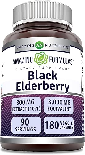 Amazing Formulas Sambucus Black Elderberry 3000 mg por porción Suplemento de 180 cápsulas vegetales Sin OMG Sin gluten Fabricado en Estados