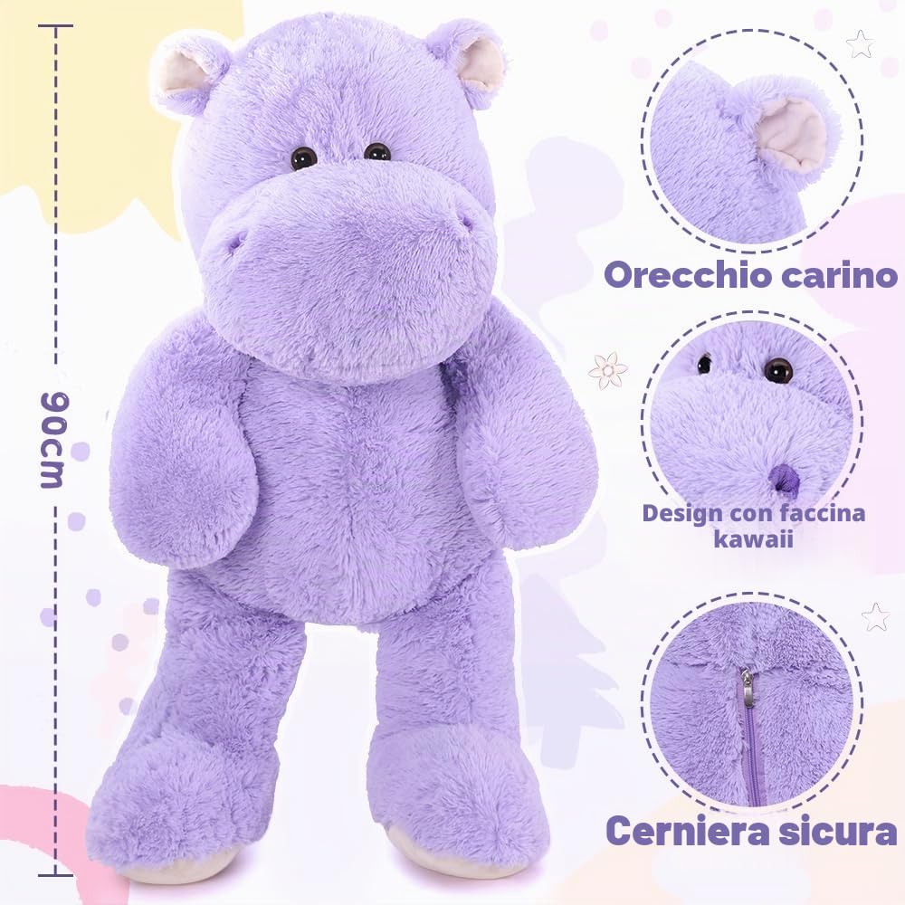 MorisMos Ippopotamo Peluche Gigante 90 cm, Viola Kawaii Hippo di Peluche Grande Morbido Coccoloso, Carini Regalo Natale per Lei Bambini Ragazze Ragazzi Donna Mamma Compleanno San Valentino