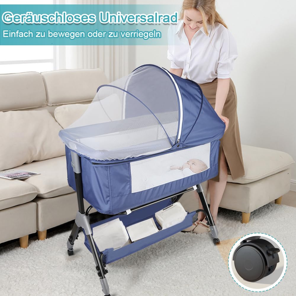 OHMG Culla Neonato con Materasso Imbottito,Culla Cododo,Culla Co-sleeping,Culla Bambini Pieghevole con 5 Altezze Regolabili,Lettino per Bambini,per Bambini 0-6 Mesi (Blu tibetano (104x52x103-115cm))