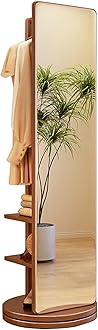 Wood Full Length Mirror with Coat Rack, Freestanding Floor Mirror with 360° Rotating Base and Hooks, Full Body Mirrors for Living Room Bedroom Apartment (Walnut Color)