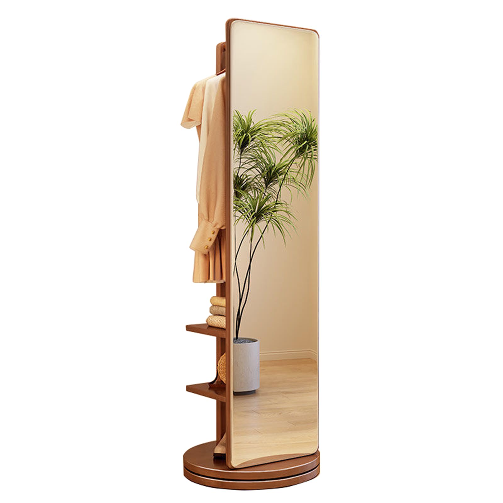 Solid Wood Full Length Mirror with Coat Rack, 2-In-1 Freestanding Floor Mirror With 360° Rotating Base And Hooks, For Living Room, Bedroom And Apartment (Walnut Color)