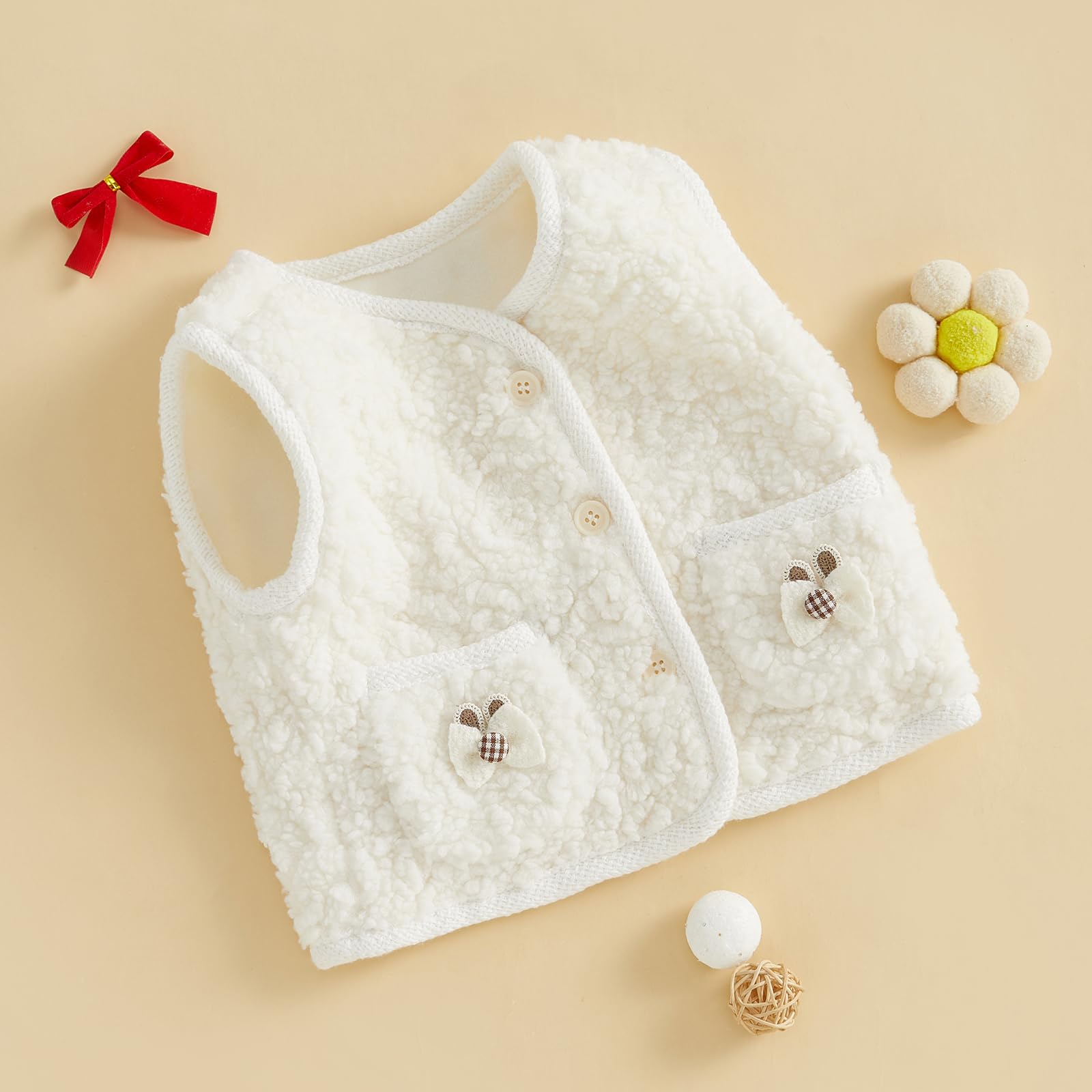 Infant Baby Girl Faux Fur Fleece Waistcoat Sleeveless Button-Down Plush Vest Coat Pocket Outwear Tops Winter Clothes (White, 9-12 Months)