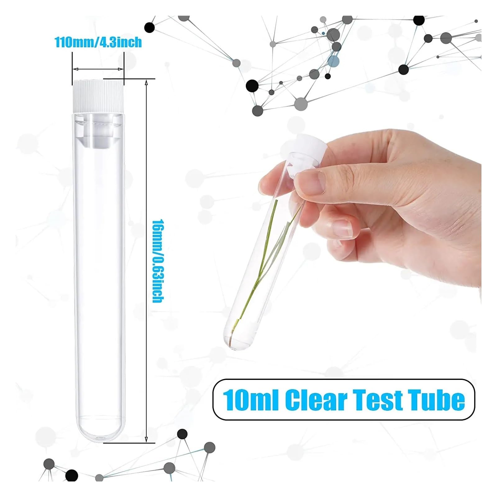 yingyingjia 200 Szt. Probówek Testowych, Przezroczyste Plastikowe Probówki Testowe Z Zatyczkami, 16 X 100 Mm (10 Ml), Probówki Laboratoryjne Do Eksperymentów Naukowych, Rozmnażanie Roślin