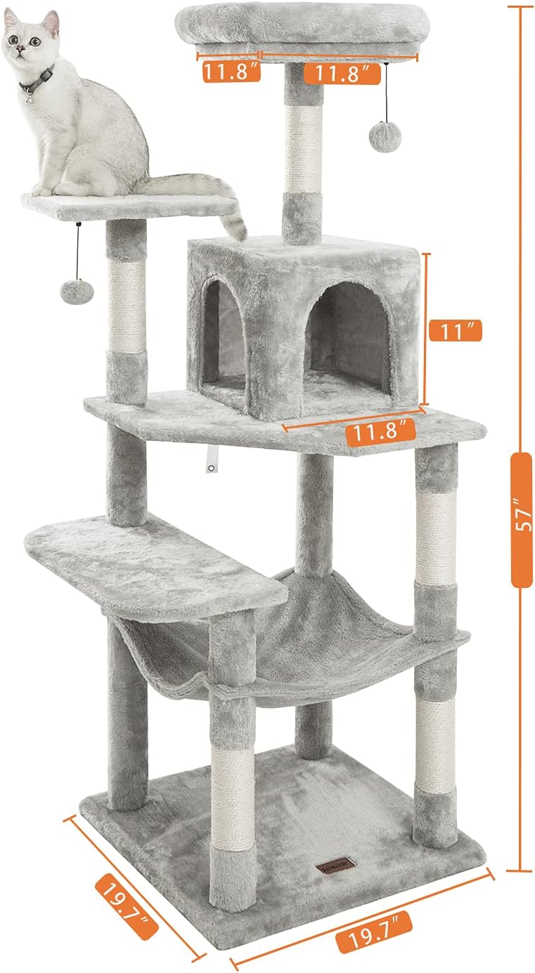 Kilodor 57inch Cat Tree Tower with Large Hammocks, Sisal Scratching Post,Plush Perches Conod for Kitten Light Gray