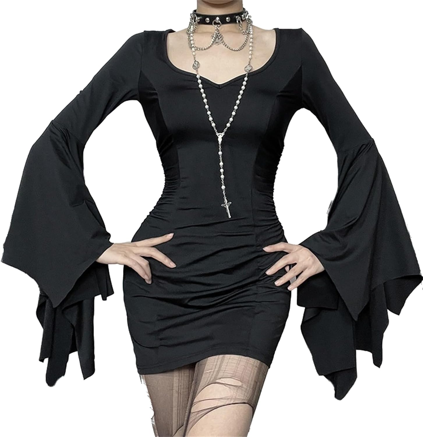 Women Gothic Long Bell Sleeve Maxi Dress Casual Vintage Style Slim Fit Dresses Cosplay Party