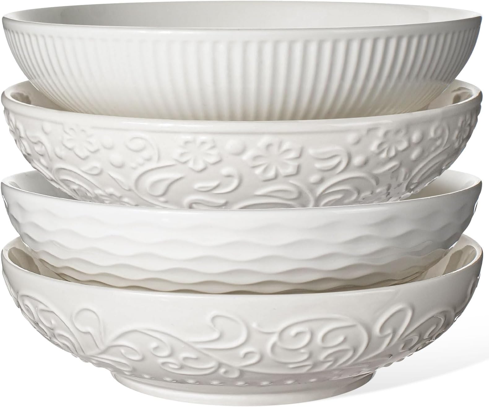 Artena Pasta and Salad Bowls 32oz, Ceramic Large 8 inch, Embossed Soup Set of 4, White Serving for Entertaining, Wide Shallow Dinner, Microwave Dishwasher Oven Safe (Mixed Pattern)