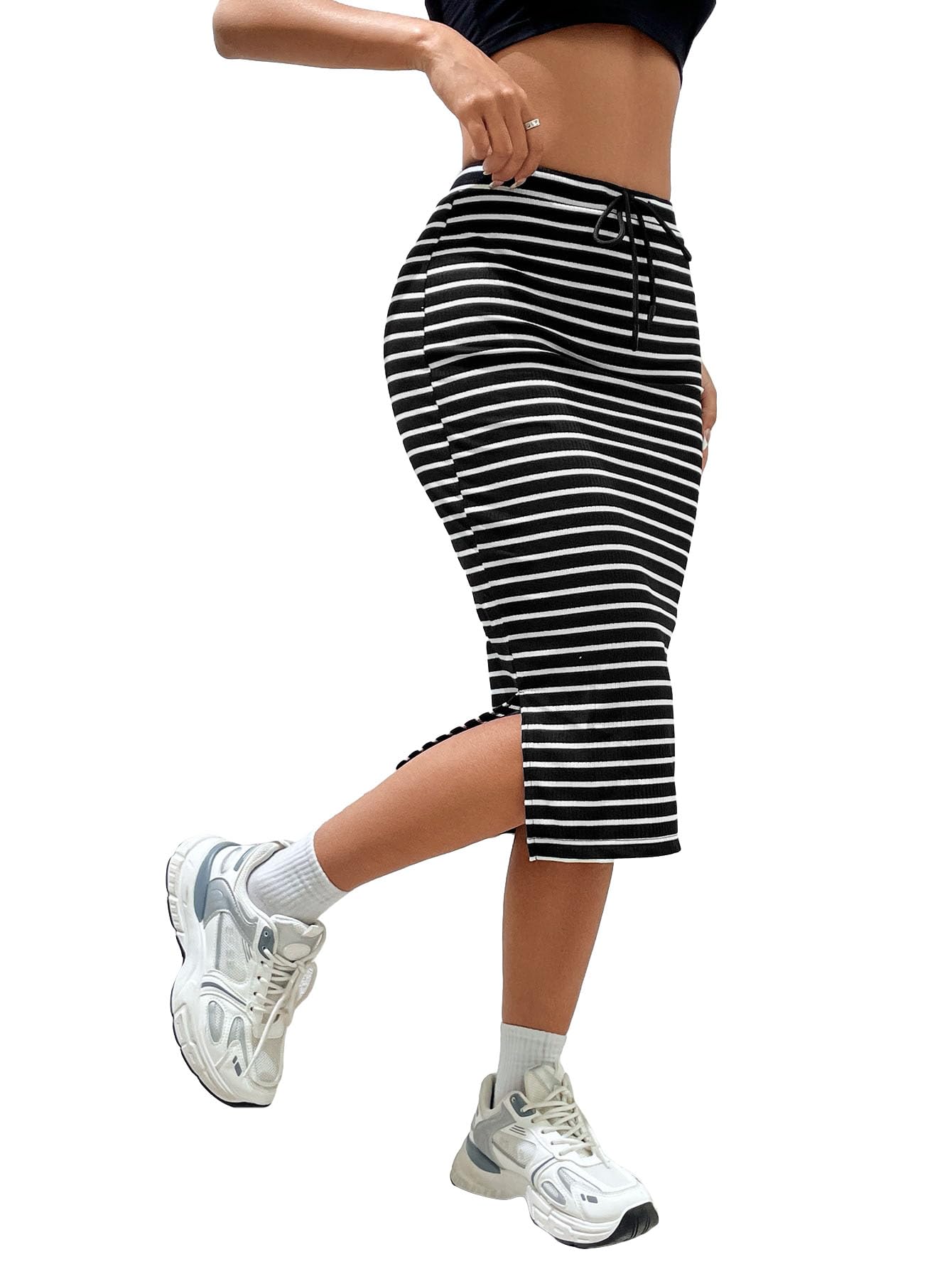 Verdusa Womens Striped Slit Midi Skirts Casual Drawstring Waist Bodycon Skirt