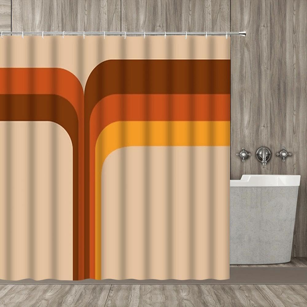 Uiyiui Multicolor-4 Brown Orange Retro 70S Geometric Shower Curtain 37X87in/95X220cm/Wxh Modern Simple Striped Lines Bathroom Curtain, Waterproof Polyester Fabric For Hotel Bathtub Decor With Hooks
