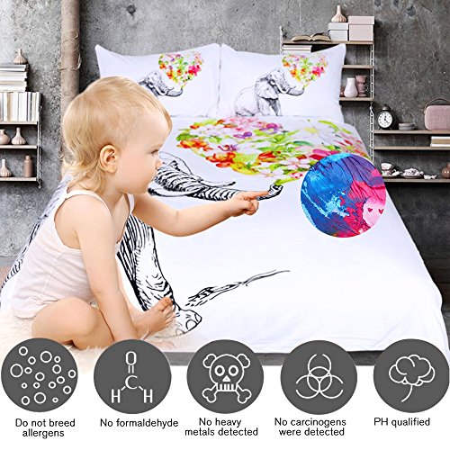 Sleepwish 3Pcs Floral Elephant Duvet Cover Set Black And White Bed Set Colorful Flowers Elephant Bedding Full #TOP4