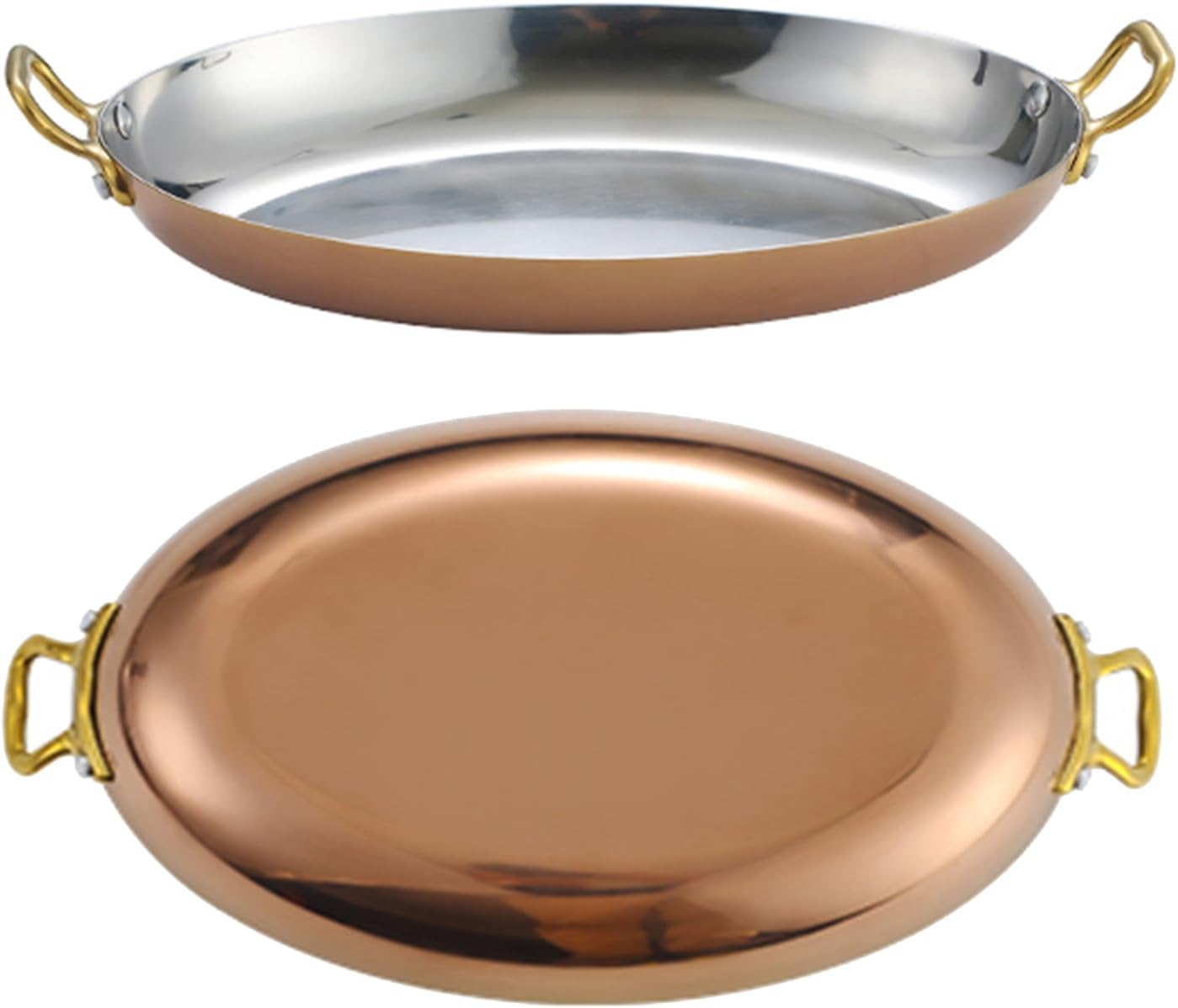 Stainless Steel Oval Platter Fish Plate Appetizer Dish Spanish Paella Cooking Pan with Double Handle 25/30/35/40cm Steaming Fish Plate Lobster Tray Bowl for Dessert Meat Sushi (Gold 30CM)