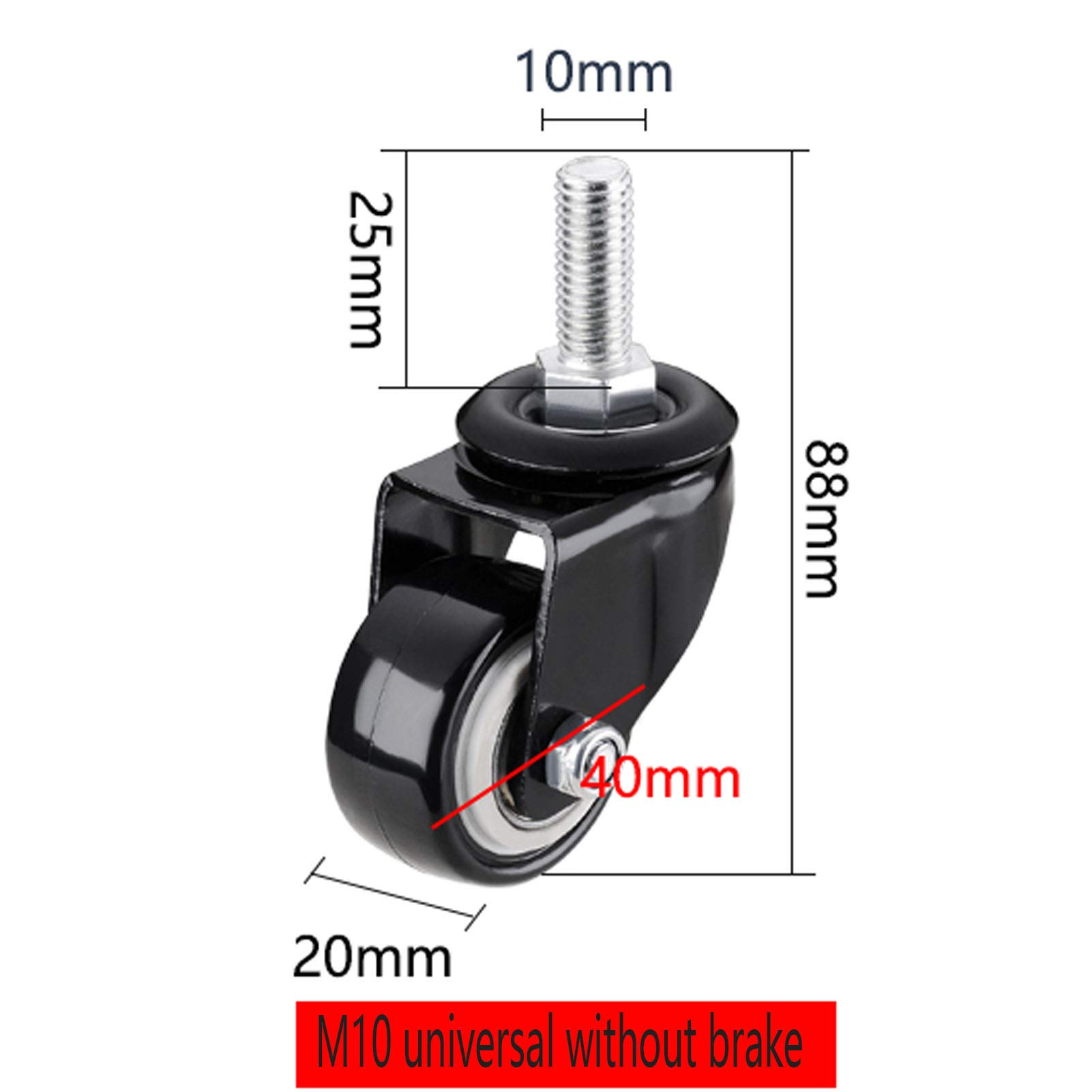 4 Ruedas móviles (2 con Freno, 2 sin Freno) con Varilla roscada (M8, M10) Ruedas para Muebles y carros de Equipaje, Cada Rueda Tiene una Capacidad de Carga de 60 kg (10 mm)