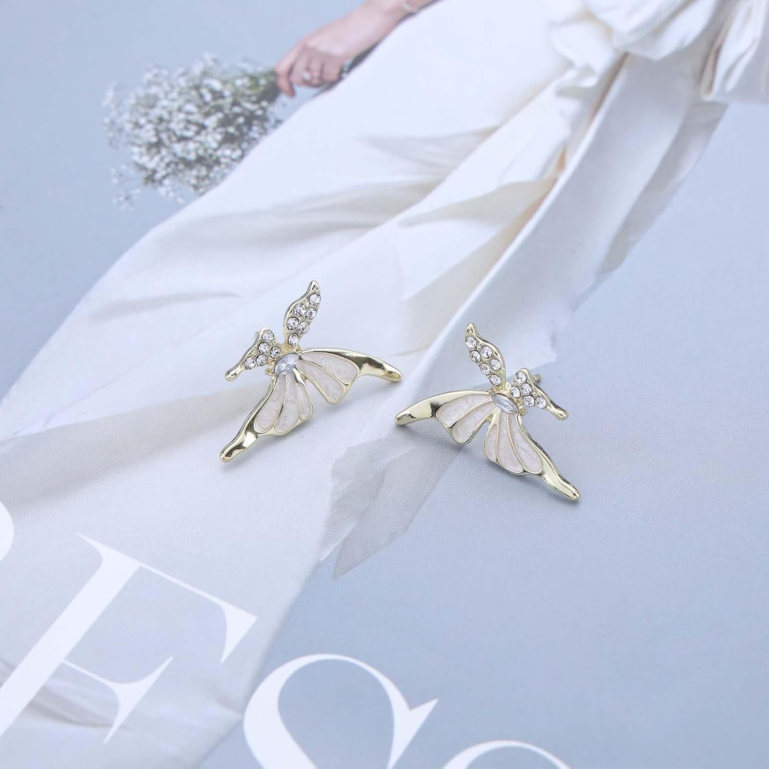 Bohemian Crystal Butterfly Earrings Gold Cz Butterfly Stud Earrings White Enamel Butterfly Earrings Rhinestone Butterfly Earrings Jewelry for Women Gifts - Image 3