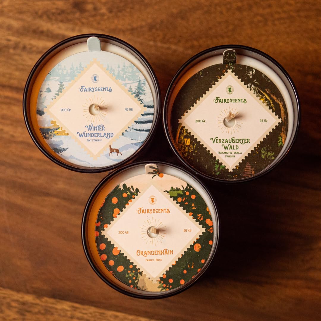 Verwunschene Welten Duftkerzen Set 3-teilig – Zimt & Vanille, Bergamotte & Pfirsich & Vanille, Orange & Birne – 45h Brenndauer je Kerze – Handgefertigt & Vegan – Geschenkset für Winter & Zuhause