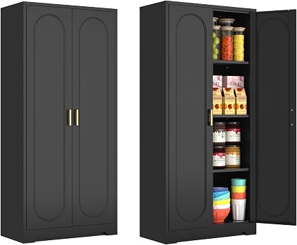 Polup 60" Black Metal Kitchen Pantry Storage Cabinet with Doors and Shelves | Freestanding Cupboard, Cold-Rolled Steel, 4-Tier Heavy Duty, Adjustable Shelving, Gold Handles, for Garage Office & Laundry