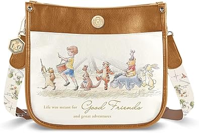 The Bradford Exchange Disney Winnie the Pooh 100th Anniversary Good Friends Handbag Faux Leather Purse with Classic Character Artwork, Gold-Tone Charms and Reversible Guitar-Style Strap