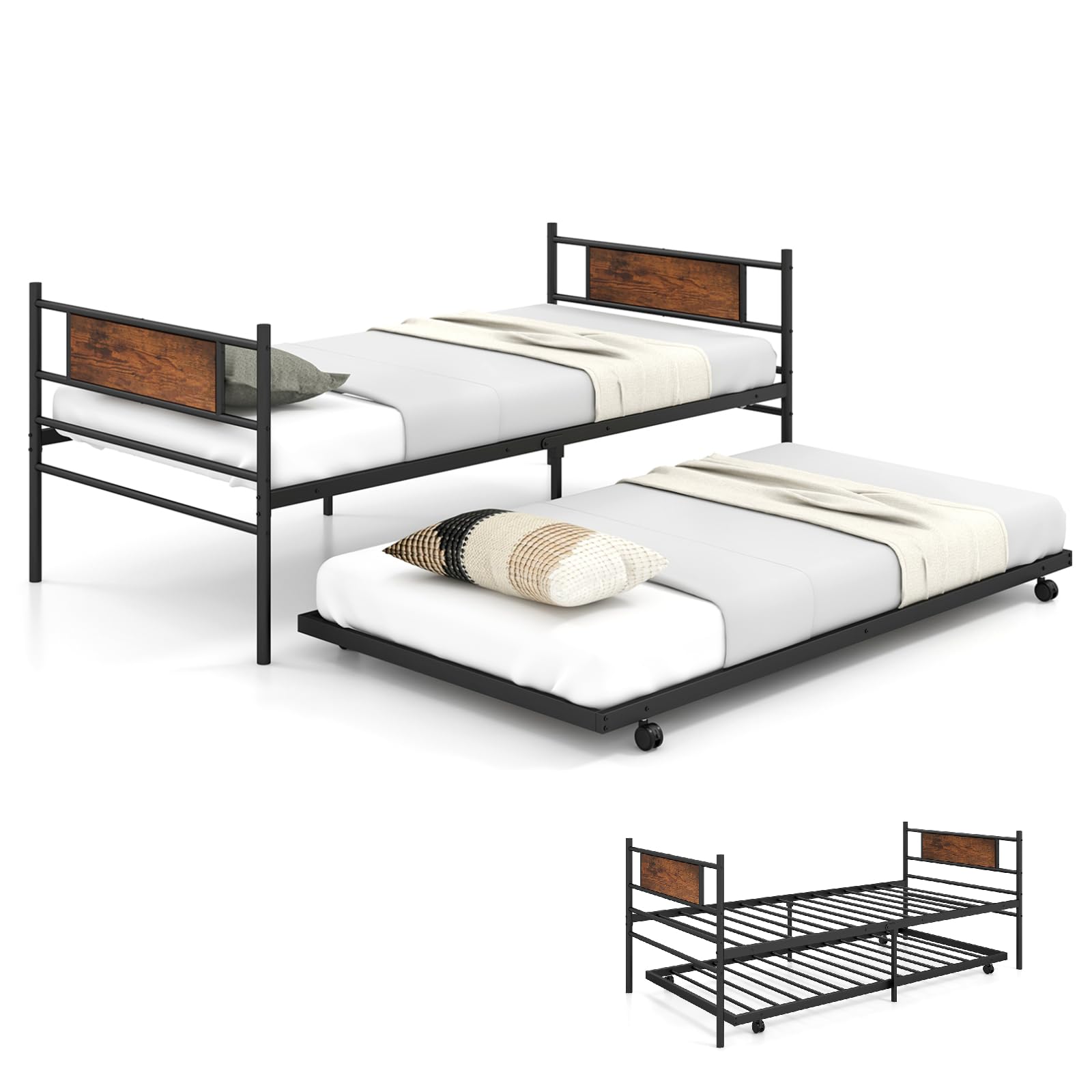COSTWAY 3FT Metal Day Bed with Trundle, Industrial Single Bed Frame with Headboard, Steel Slat Support Space-Saving Guest Sofa Beds Base Platform Mattress Foundation
