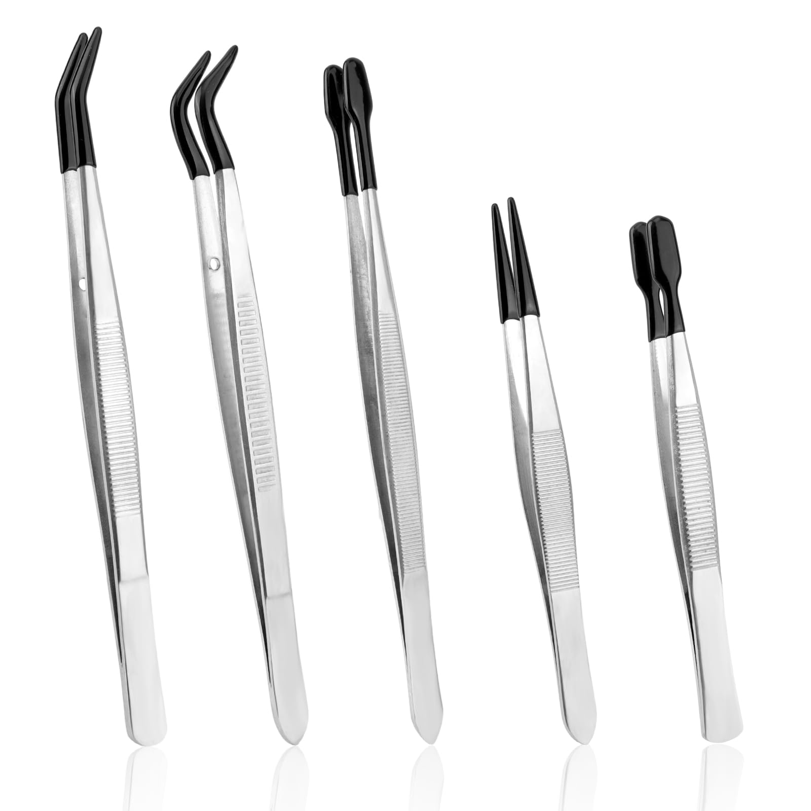 5pcs Rubber Tip Tweezers Set, Stainless Steel Precision Craft Tweezers Anti-Static Rubber Fine Flat & Bent Tip Tweezer for Crafts Jewelry Making Electronics Model Laboratory Work Lashes