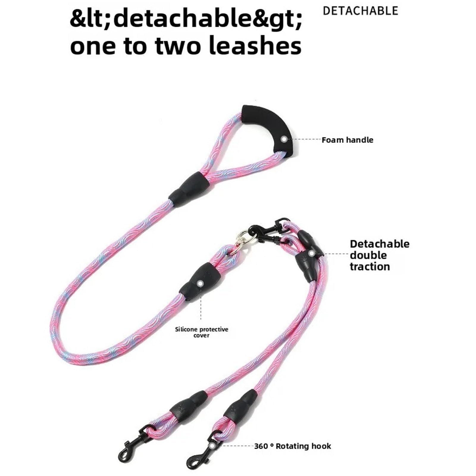 Guinzaglio per cani a doppia estremità, motivo ondulato, un trascinamento due, anti-avvolgimento, staccabile, per cani (rosa, 1,2 0,8 cm)