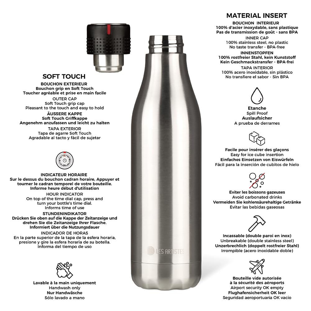 LES ARTISTES Paris A-2230 Bottle'Up, 750 ml, Bouteille isotherme, Gourde isotherme sans BPA, Réutilisable, Garde au chaud 12h et au froid 24h, Acier Inoxydable, Design Stainless Steel