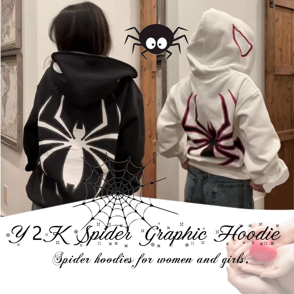 Y2k Spider Print Hoodies Hip Hop Zipper Long Sleeve Jacket Coats 並行輸入品