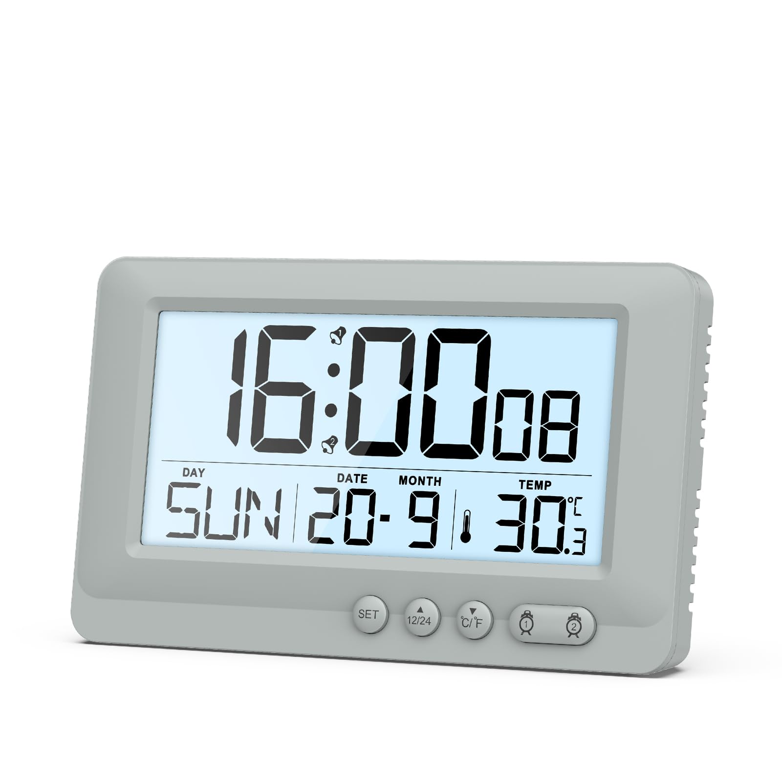 ORIA Digital Alarm Clock, Battery Powered LCD Digital Clock with Date, Calendar, Temperature Display, Alarm Clock Bedside with Backlight, 12/24H, Snooze, Travel Small Clock for Bedroom Office - Grey