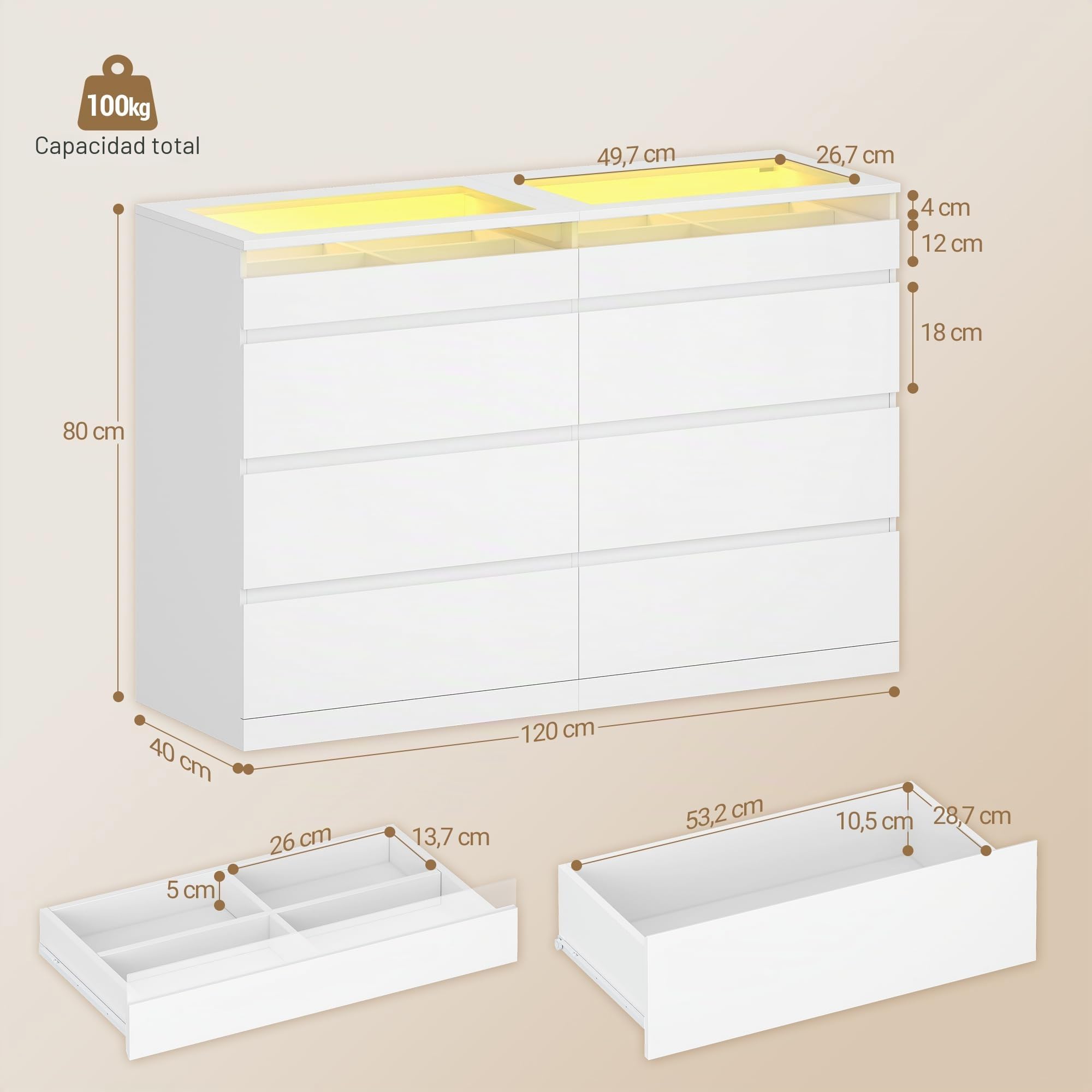Hzuaner Cómoda Equipada con LED, Cómoda para Dormitorio con Encimera de Vidrio, Mueble Moderno para TV de Salón, 8 Cajones, Adecuado para Pasillo, Sala, Recibidor 40 x 120 x 80 cm Blanco 1212003XEU