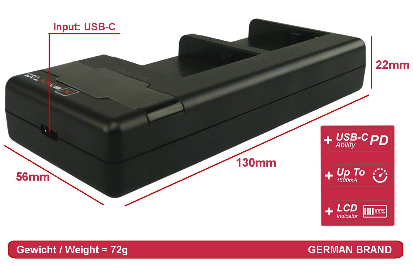 Baxxtar Premium Caricabatterie LCD USB-C (1500mA) compatibile con Sony NP FM50 F550 F750 F950 F970 FM500H QM71 batteria, Caricatore supporto QC & PD 3.0, ricarica rapida veloce con alimentatore 20W