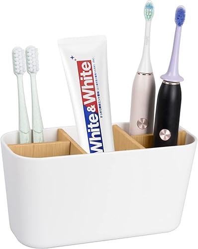 Portacepillos de dientes para baños, soporte de cepillo de dientes de bambú con 5 ranuras, organizador de tocador de baño, encimera para cepillos de
