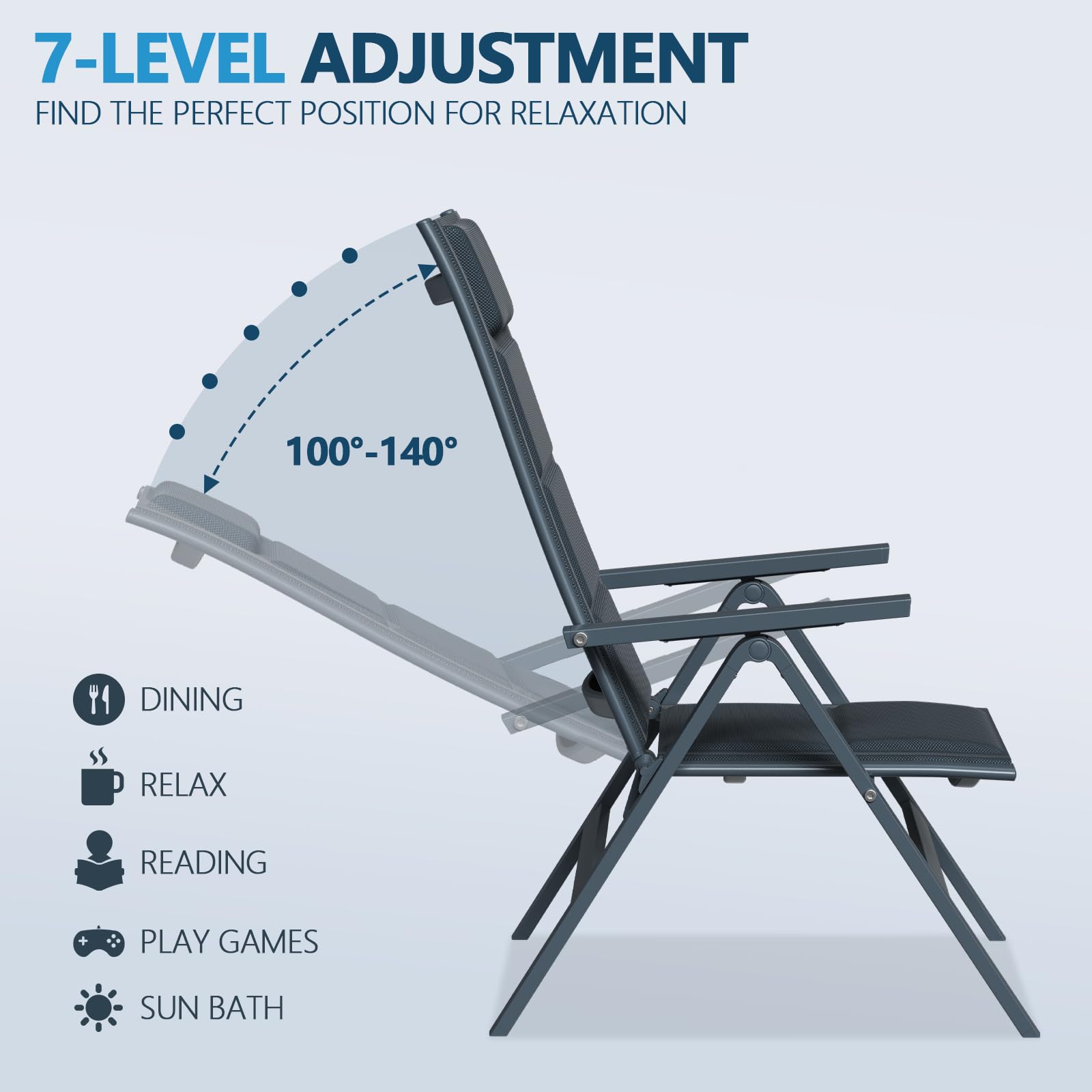 Devoko Juego de 2 Silla Plegable de jardín de Aluminio - Sillón de jardín Exterior Ajustable en 7 Posiciones, Silla portátil con Respaldo Alto Apta para Todas Las mesas de jardín, terraza y Piscina