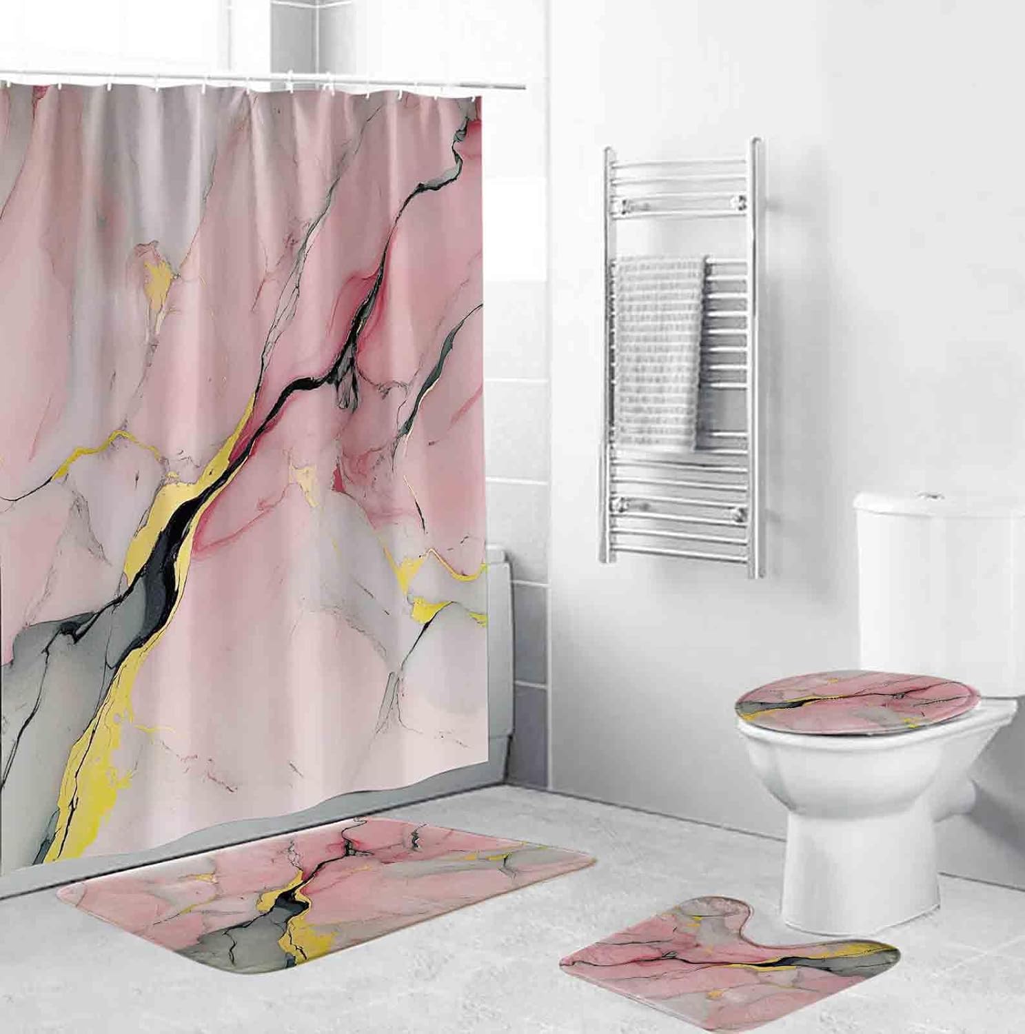 EMMTEEY 4Pcs Pink Shower Curtain Sets with Rugs,Abstract Art Bathroom Sets with Shower Curtain and Rugs with 12 Hooks Bathroom Accessories and Mats Toilet Lid Cover