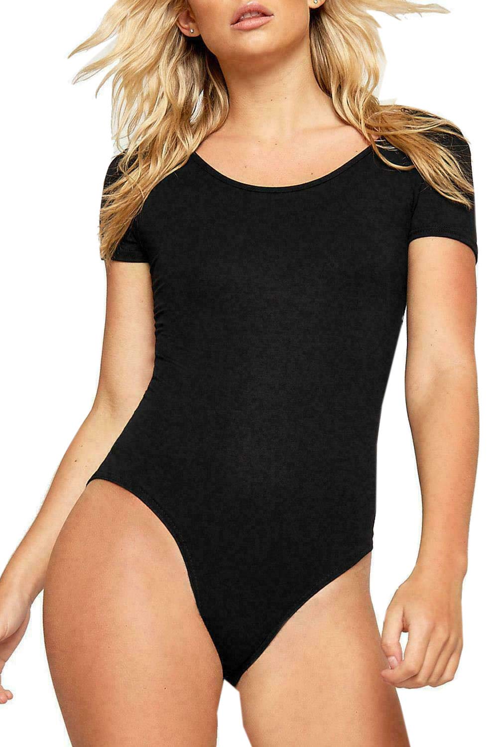 Biwtup Women's Black Short Sleeve Stretchy Casual Scoop Neck Plain Bodysuit Leotard Top (, Uk 12-14)