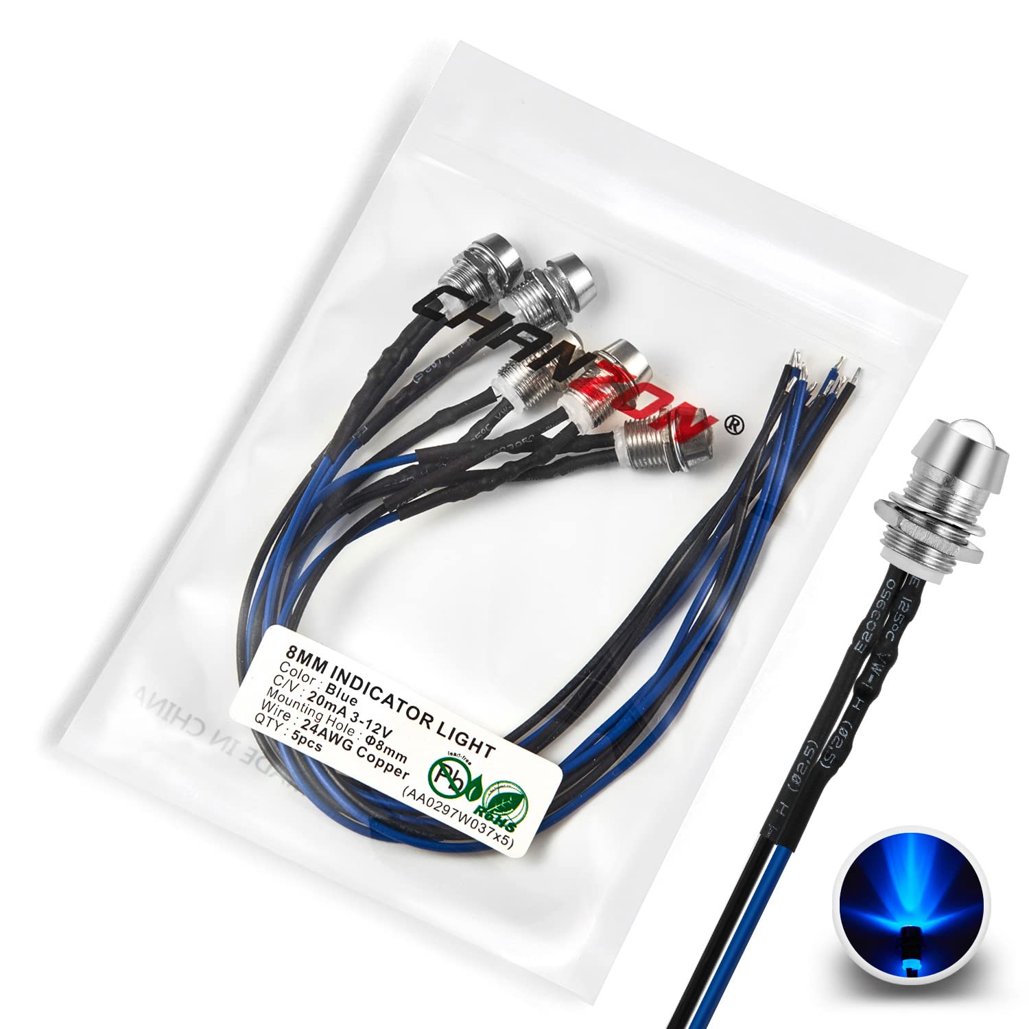 CHANZON [UL Wire] 5 pcs 8mm Panel Mount + 5mm LED Blue Pilot Diode Light (Clear Transparent Round Lens) 12V Universal Flush Mount Dash Board Indicator Panel Socket Lights Bulb Lamp for Cars Boats-image-48