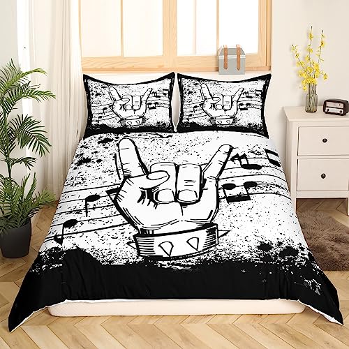 Homewish Rock Music Duvet Cover Double Musical Theme Bedding Set, Music Notes Print Comforter Cover Black and White Bed Set - Image 2