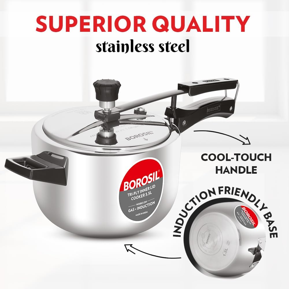 Borosil Triply Pressure Cooker | SS304 Food Grade Stainless Steel | Even Heat Distribution | Gas Stove & Induction Compatible | Dishwasher Safe | 5 Years Warranty (3.5 L, Inner Lid)