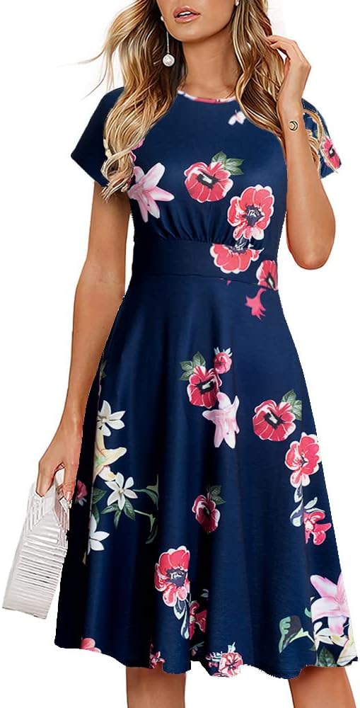 HOMEYEE Women's Short Sleeve Floral Casual Aline Midi Dress A102 (6,Navy/Red Flower)